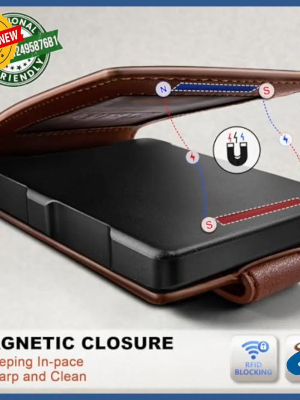 Men's Leather Wallet with Metal Money Clip, RFID Blocking, Magnetic Closure